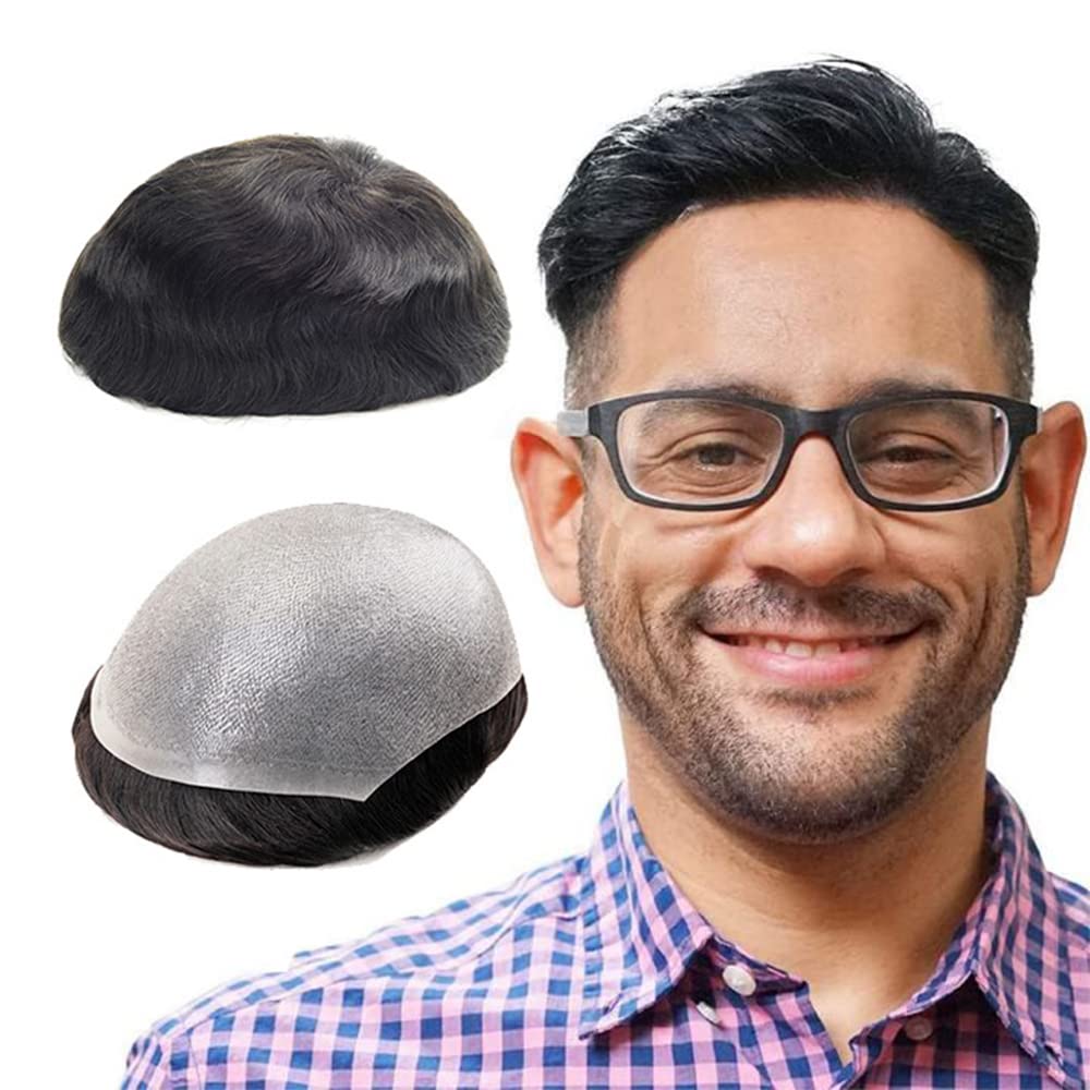 Lordhair Hair System for Men Human Hair 8x10 inch Hairpiece for Men 0.06mm Super Thin Skin Mens Hair system All V-looped Mens Toupee Medium Bark Brown Mixed 10% grey hair #410